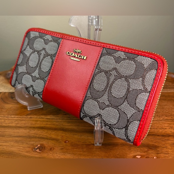 Coach Handbags - Coach Signature Jacquard Red Leather Slim Accordion Wallet C5731B Like New